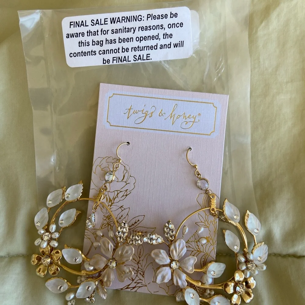 David's Bridal Gold Floral Hoop Earrings with Pearl Accents
